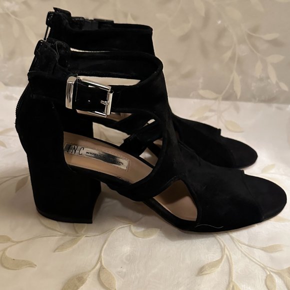 I.N.C Helenn Leather Suede Ankle Strap Bootie Shoe Size 7.5 Black Open Toe - Picture 8 of 12